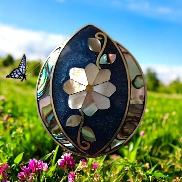 Alpaca Pendant Brooch Pin Abalone Shell Vintage Mexico Inlaid Floral Silver Tone - Picture 14 of 15